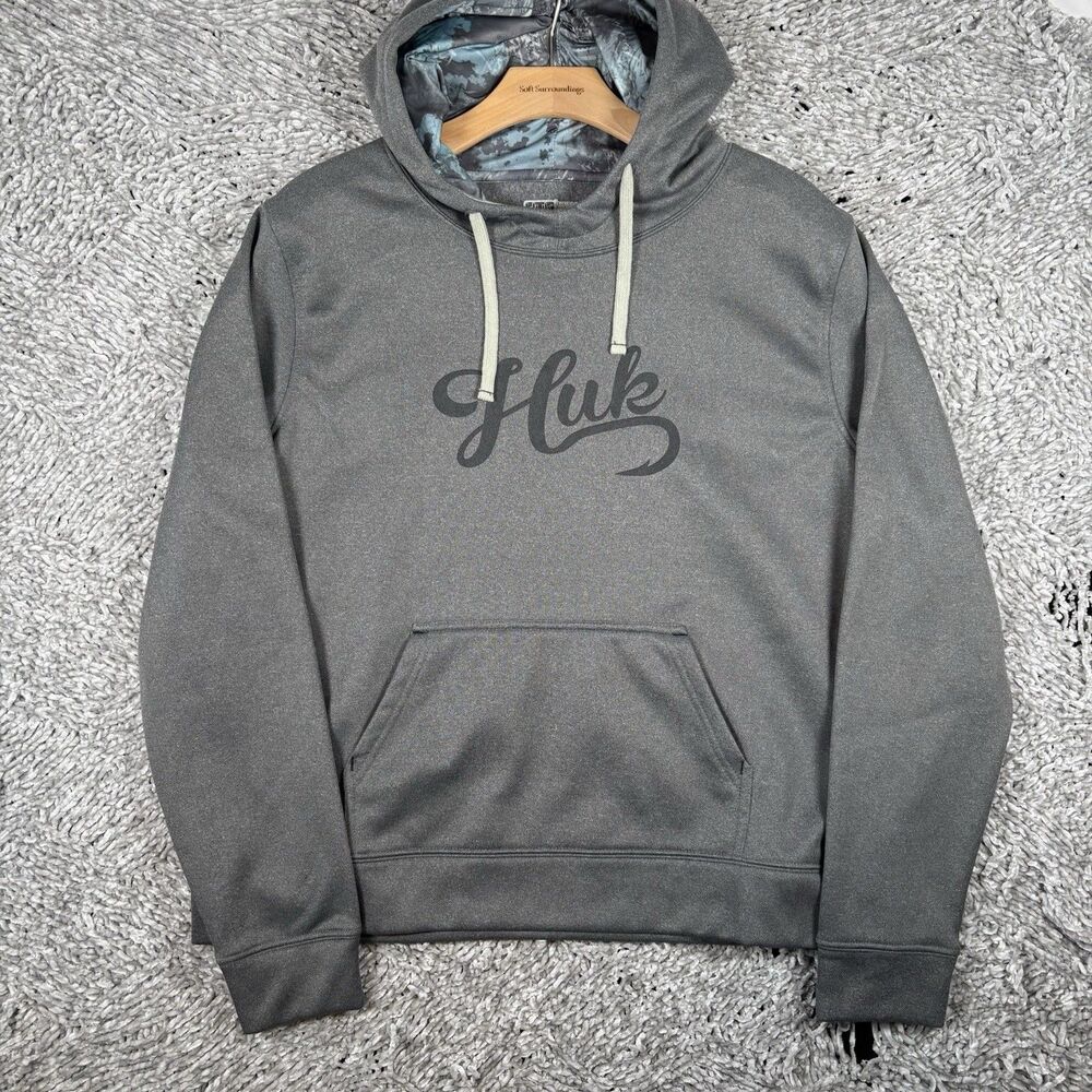 HUK Pullover Hoodie Womens Large Gray Activewear Winter Fishing Drawstring Beach